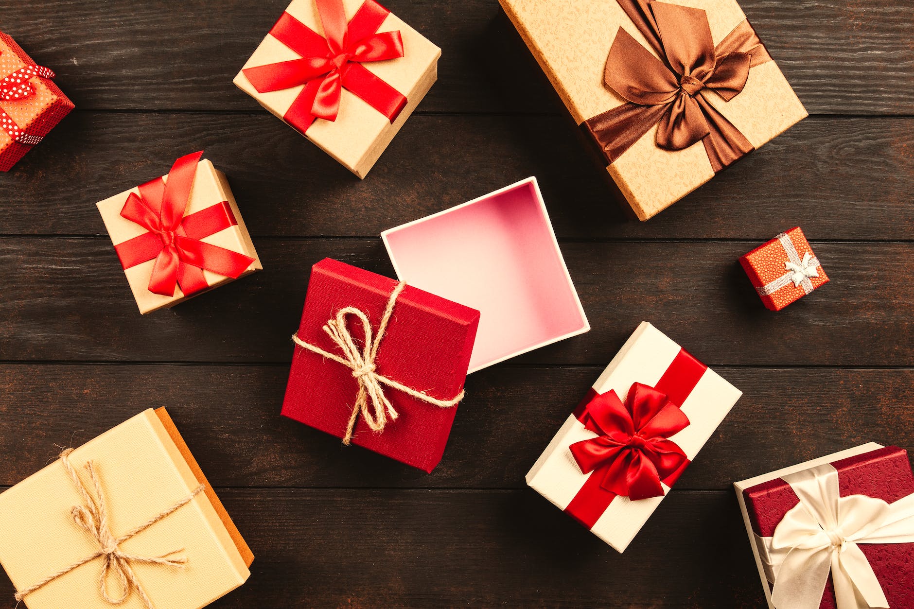 white and red gift boxes
